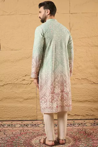 Men teal viscose rayon ethnic motifs embroidered straight kurta