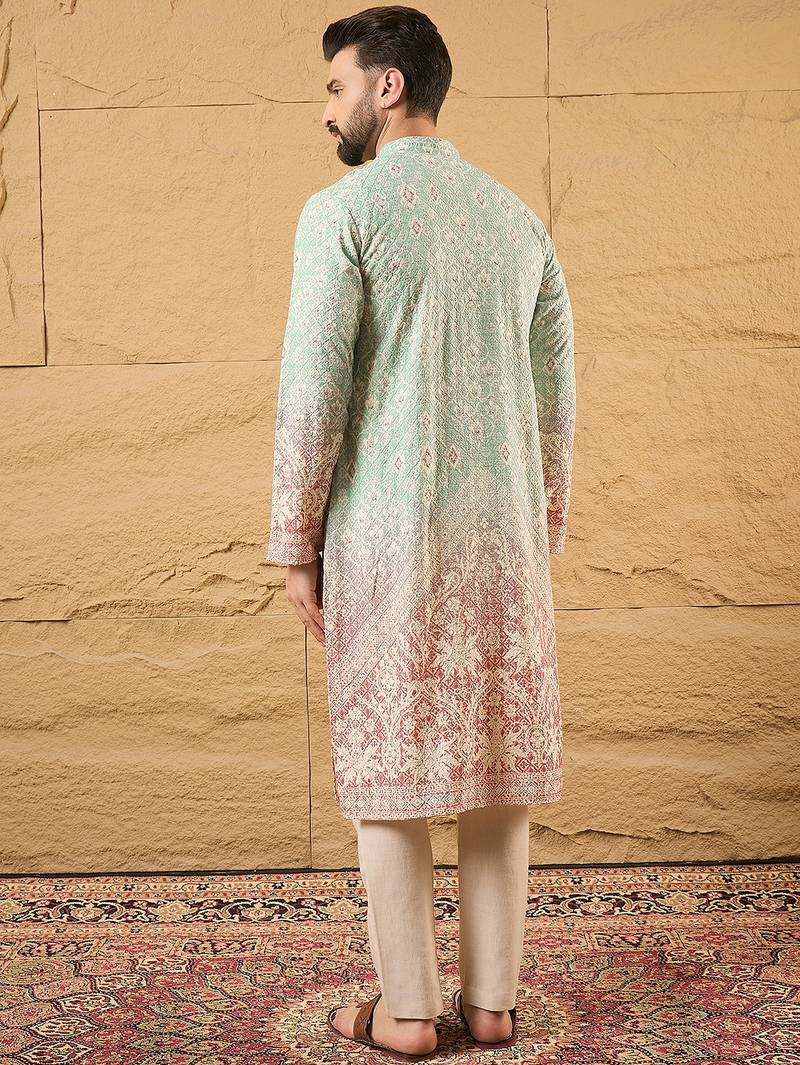 Men teal viscose rayon ethnic motifs embroidered straight kurta