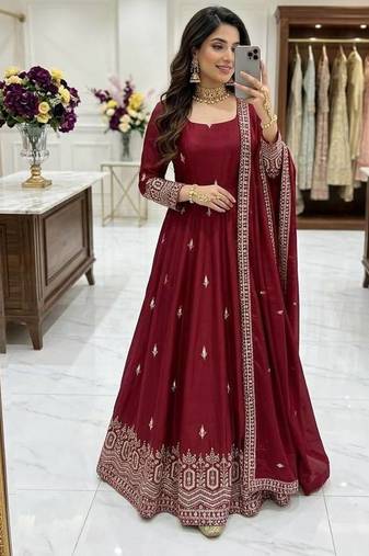 maroon color embroidery sequin work silk blend gown set