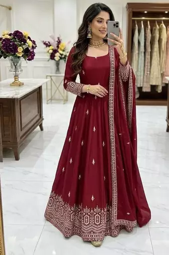 maroon color embroidery sequin work silk blend gown set