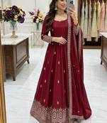 maroon color embroidery sequin work silk blend gown set