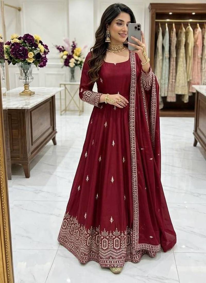 maroon color embroidery sequin work silk blend gown set