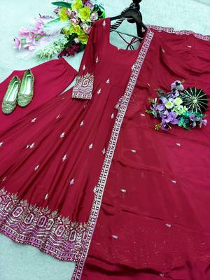 maroon color embroidery sequin work silk blend gown set 2