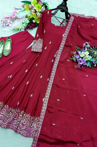 maroon color embroidery sequin work silk blend gown set