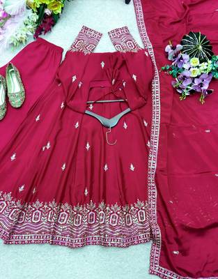 maroon color embroidery sequin work silk blend gown set 3
