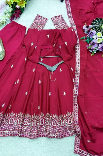 maroon color embroidery sequin work silk blend gown set