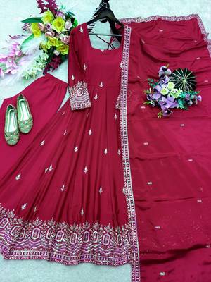 maroon color embroidery sequin work silk blend gown set 4