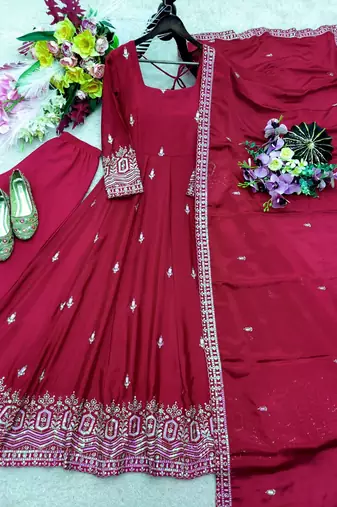 maroon color embroidery sequin work silk blend gown set