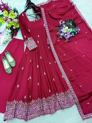 maroon color embroidery sequin work silk blend gown set 5