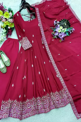 maroon color embroidery sequin work silk blend gown set