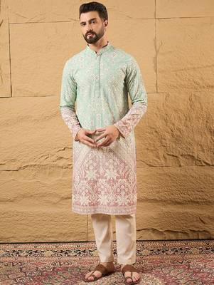 Men teal viscose rayon ethnic motifs embroidered straight kurta 5