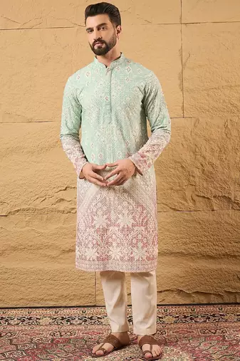 Men teal viscose rayon ethnic motifs embroidered straight kurta