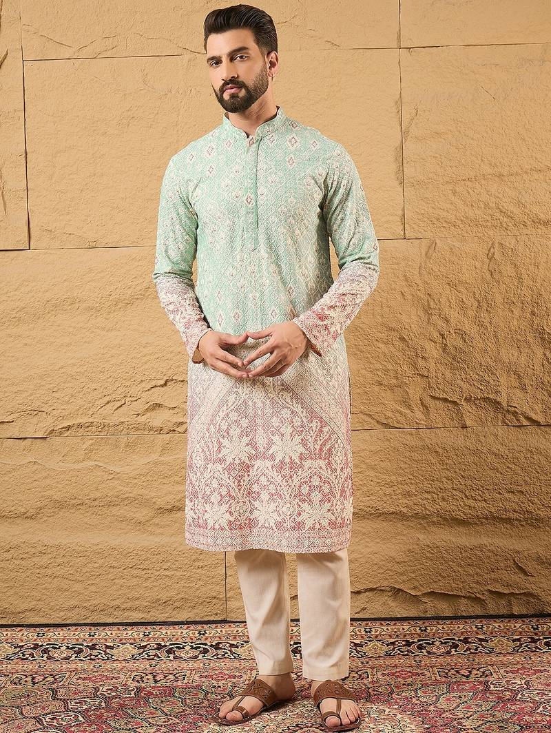 Men teal viscose rayon ethnic motifs embroidered straight kurta