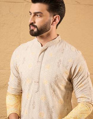Men yellow viscose rayon ethnic motifs embroidered straight kurta 1