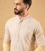 Men yellow viscose rayon ethnic motifs embroidered straight kurta