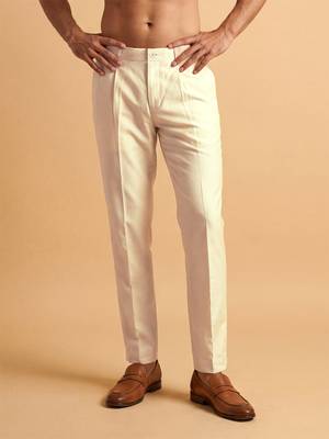 Men cream modal relaxed straight fit regular trousers 1