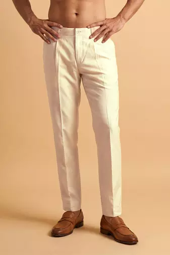 Men cream modal relaxed straight fit regular trousers