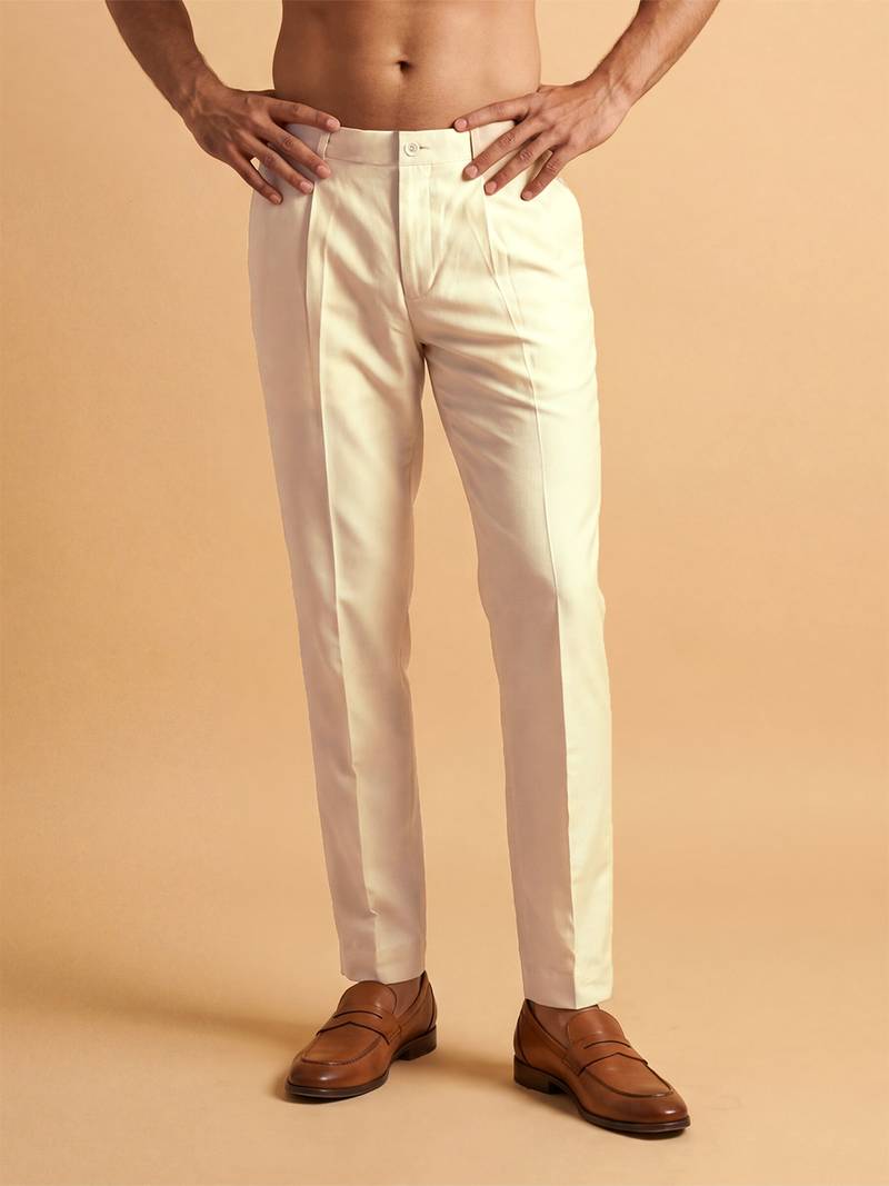 Men cream modal relaxed straight fit regular trousers