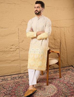 Men yellow viscose rayon ethnic motifs embroidered straight kurta 2