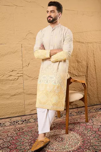 Men yellow viscose rayon ethnic motifs embroidered straight kurta