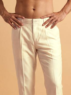 Men cream modal relaxed straight fit regular trousers 2