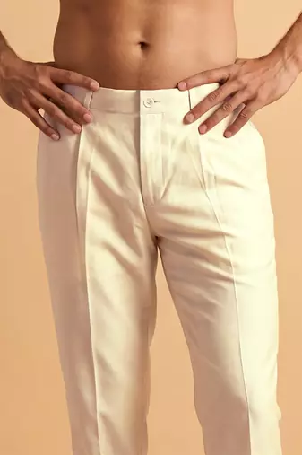 Men cream modal relaxed straight fit regular trousers