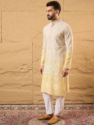 Men yellow viscose rayon ethnic motifs embroidered straight kurta 3