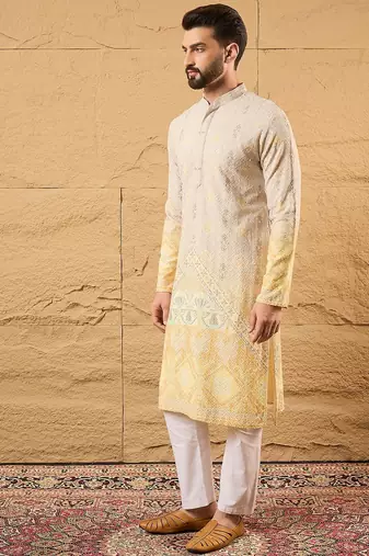 Men yellow viscose rayon ethnic motifs embroidered straight kurta