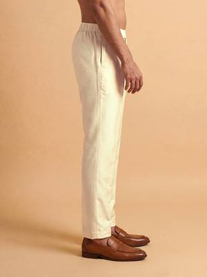 Men cream modal relaxed straight fit regular trousers 3