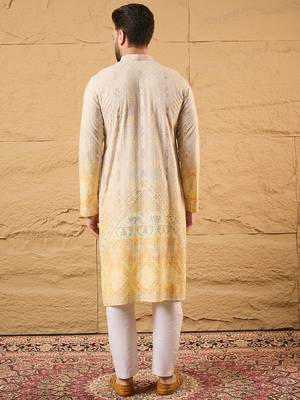 Men yellow viscose rayon ethnic motifs embroidered straight kurta 4