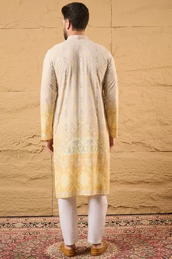 Men yellow viscose rayon ethnic motifs embroidered straight kurta