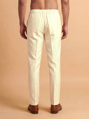 Men cream modal relaxed straight fit regular trousers 4