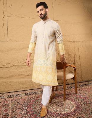 Men yellow viscose rayon ethnic motifs embroidered straight kurta 5