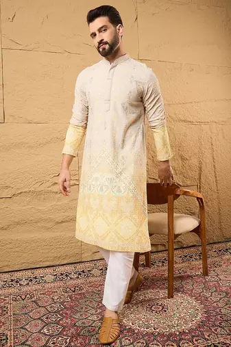 Men yellow viscose rayon ethnic motifs embroidered straight kurta