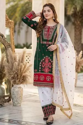 Green Embroidery And sequin Work Silk Blend Salwar Suit