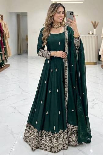 dark green color embroidery sequin work silk blend gown set