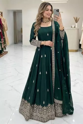 dark green color embroidery sequin work silk blend gown set