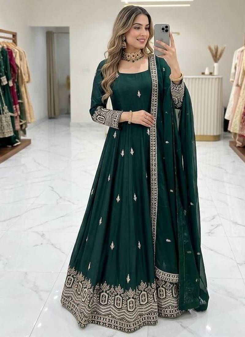 dark green color embroidery sequin work silk blend gown set