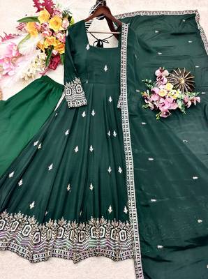 dark green color embroidery sequin work silk blend gown set 2