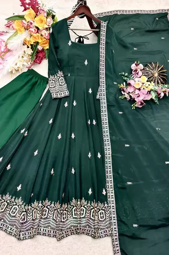 dark green color embroidery sequin work silk blend gown set