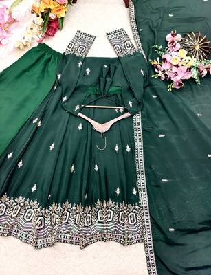 dark green color embroidery sequin work silk blend gown set 3