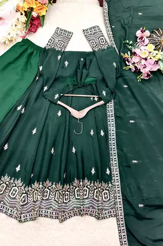 dark green color embroidery sequin work silk blend gown set
