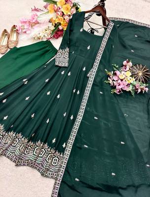 dark green color embroidery sequin work silk blend gown set 4