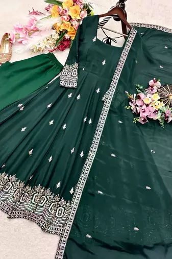 dark green color embroidery sequin work silk blend gown set