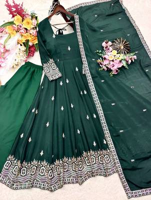 dark green color embroidery sequin work silk blend gown set 5
