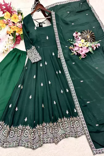 dark green color embroidery sequin work silk blend gown set