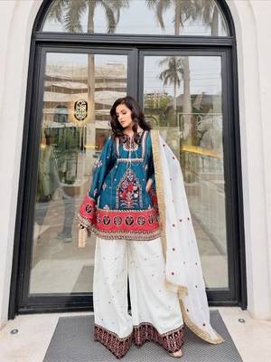 Teal Embroidery And sequin Work Silk Blend Salwar Suit 1