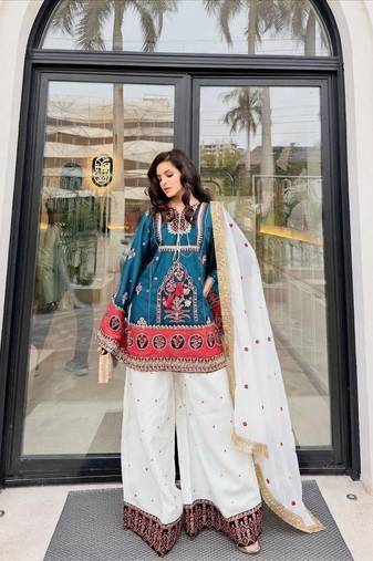 Teal Embroidery And sequin Work Silk Blend Salwar Suit