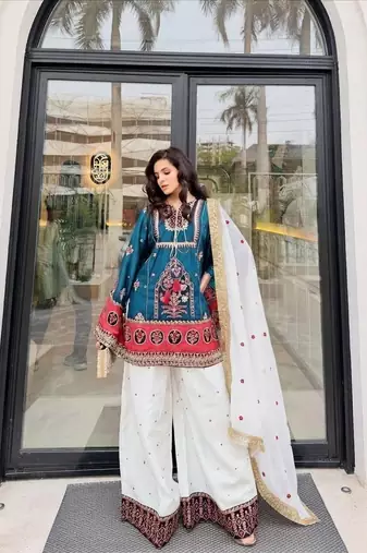 Teal Embroidery And sequin Work Silk Blend Salwar Suit