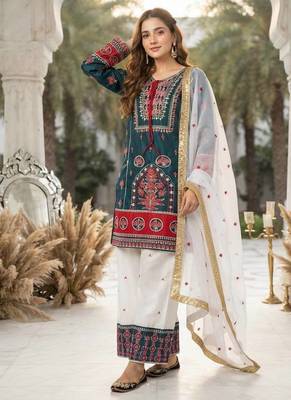 Teal Embroidery And sequin Work Silk Blend Salwar Suit 2